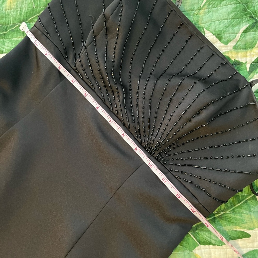 Black satin, beaded, empire waist, a-line gown